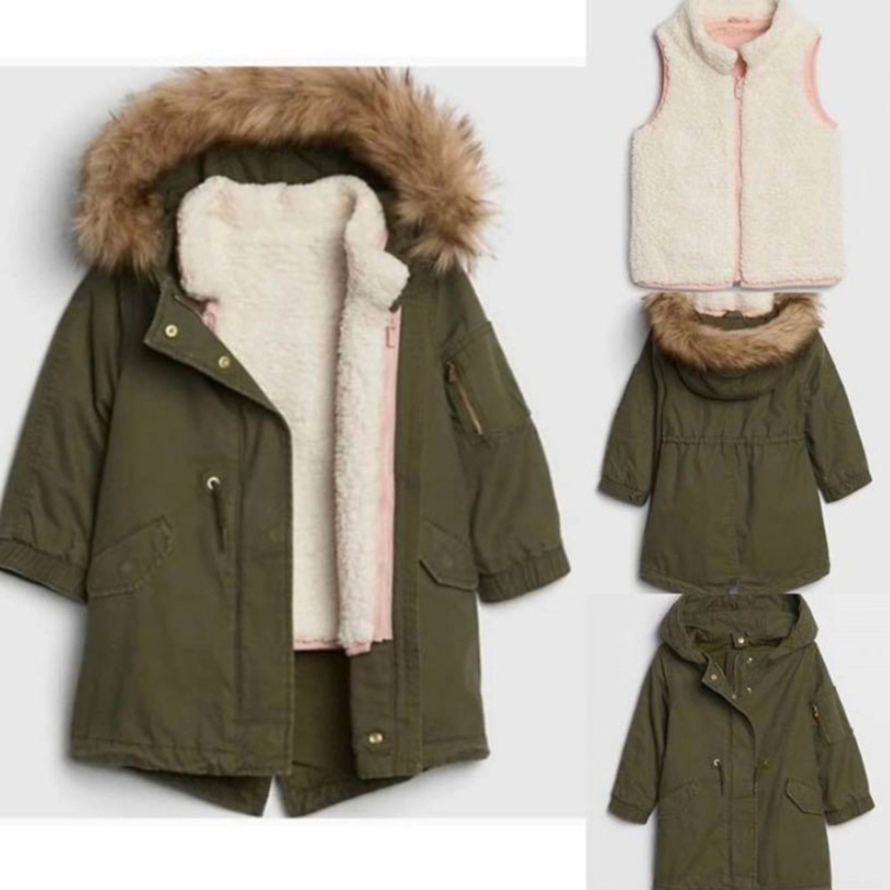 Gap 3-in-1 Winter Parka Jacket Removable Vest Fur Collar Coat In Army Green, 4y